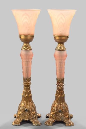 Appraisal: Good Pair of Continental Art Deco Gilt-Spelter-Mounted Frosted Pink Glass