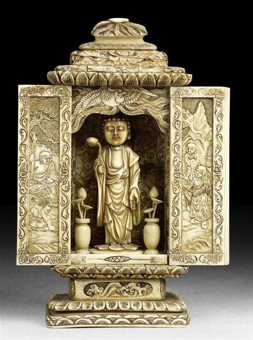 Appraisal: SMALL IVORY SHRINE Japan Meiji period H cm Decorated inside