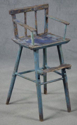 Appraisal: Primitive Blue-Painted Child's or Doll's HighchairIn older worn blue paint