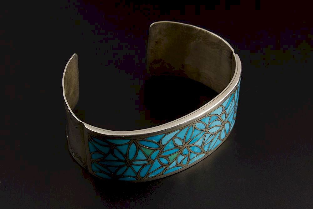 Appraisal: Inlay Bracelet Exquisite Sterling Silver Zuni Inlay Bracelet by O