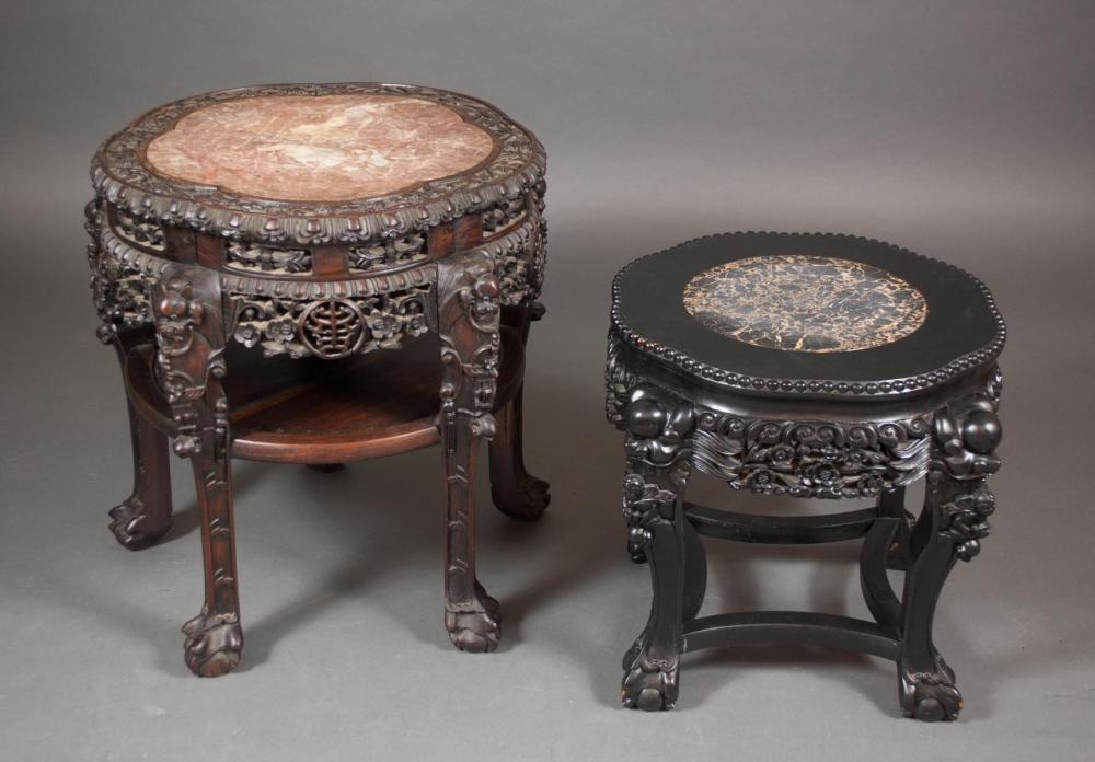 Appraisal: TWO HIGHLY CARVED CHINESE EXPORT LOW TABLES each having an