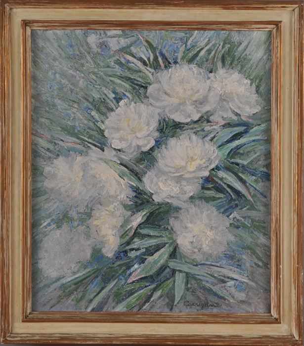 Appraisal: WILLIAM CARRIGAN - WHITE PEONIES Oil on canvas backed with