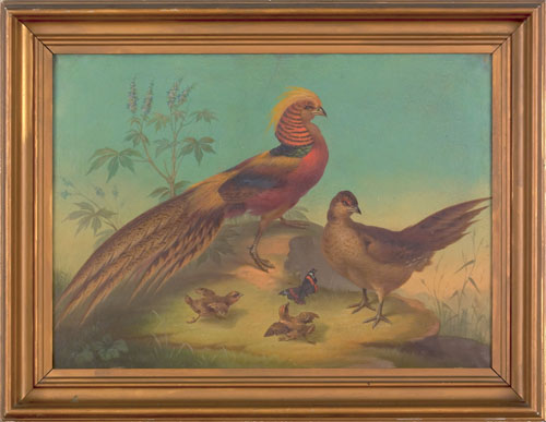 Appraisal: Oil on canvas landscape th c with pheasants chasing a