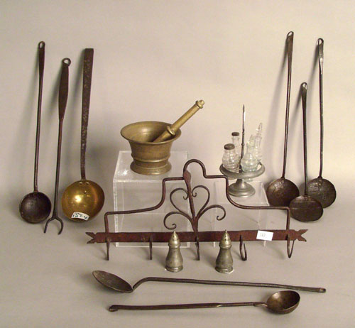 Appraisal: Group of metalware to include utensils with rack mortar and