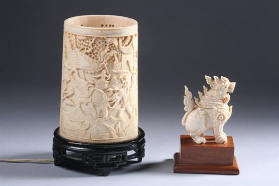 Appraisal: BURMESE IVORY FIGURE OF LION Together with ivory lamp -