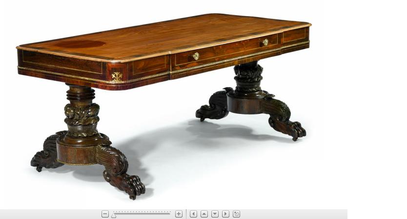 Appraisal: William IV rosewood banded mahogany and brass inlaid library tablecirca