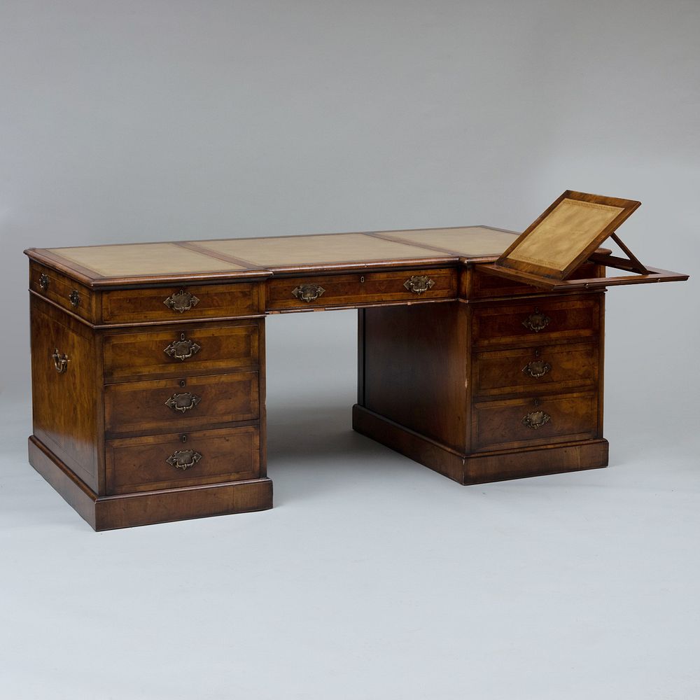 Appraisal: George III Style Inlaid Burl Walnut and Leather Partner's Desk