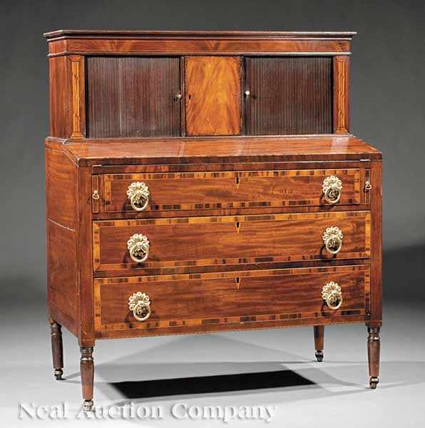 Appraisal: A Federal Inlaid Mahogany Tambour Desk c superstructure with cornice