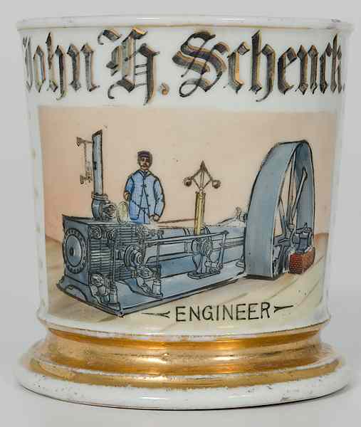 Appraisal: Lathe Engineer's Occupational Shaving Mug Porcelain with polychrome painted engineer