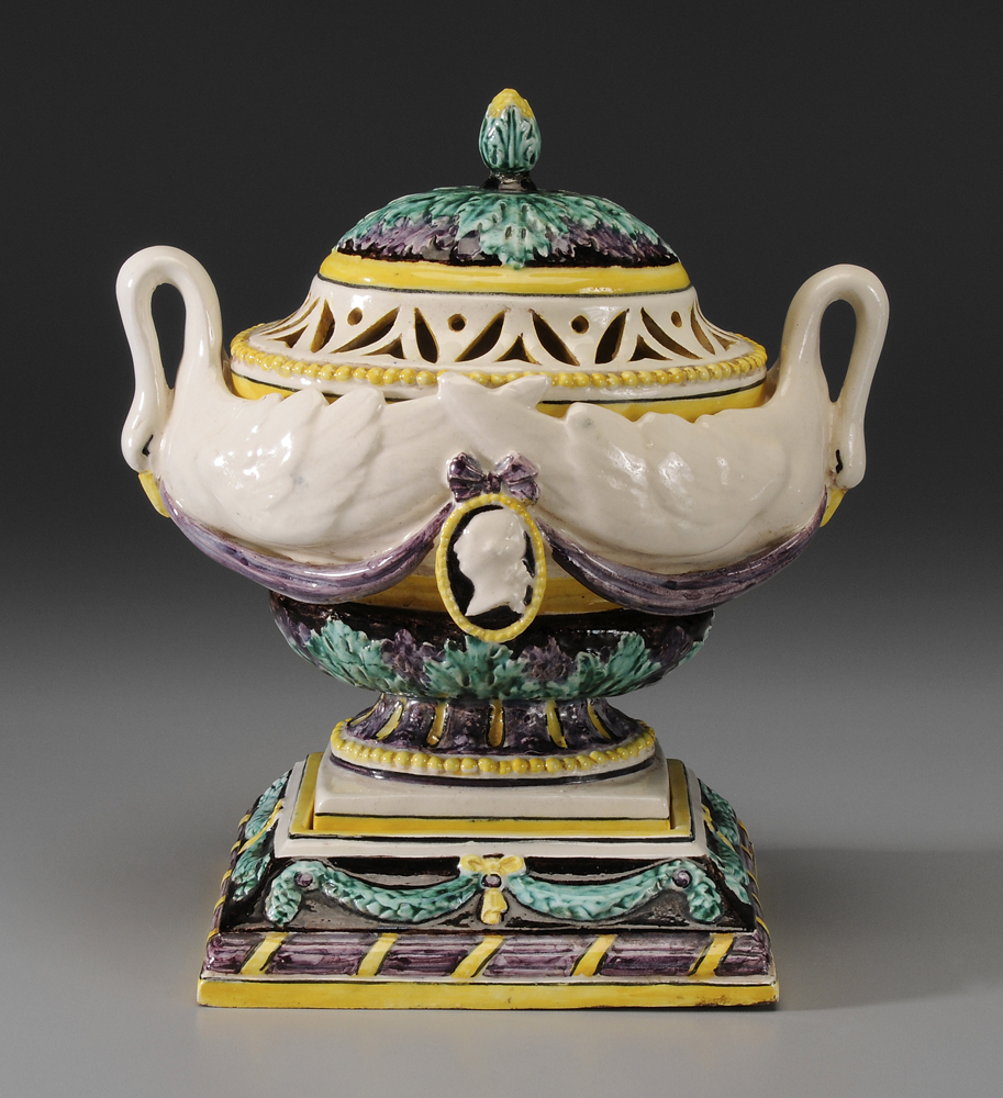 Appraisal: Majolica Lidded Urn Continental th century artichoke finial above reticulated