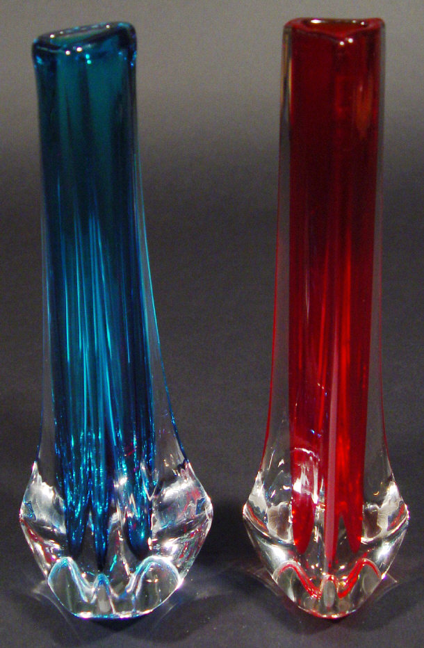 Appraisal: Two Whitefriars tricorn glass vases coloured kingfisher blue and ruby