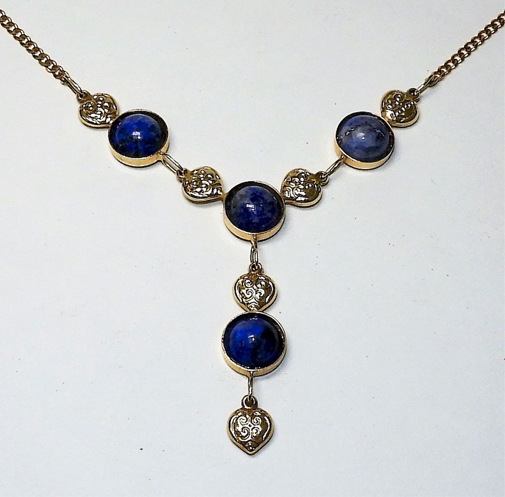 Appraisal: K Gold Lapis Lazuli Cabochon Drop Necklace th Century Polished