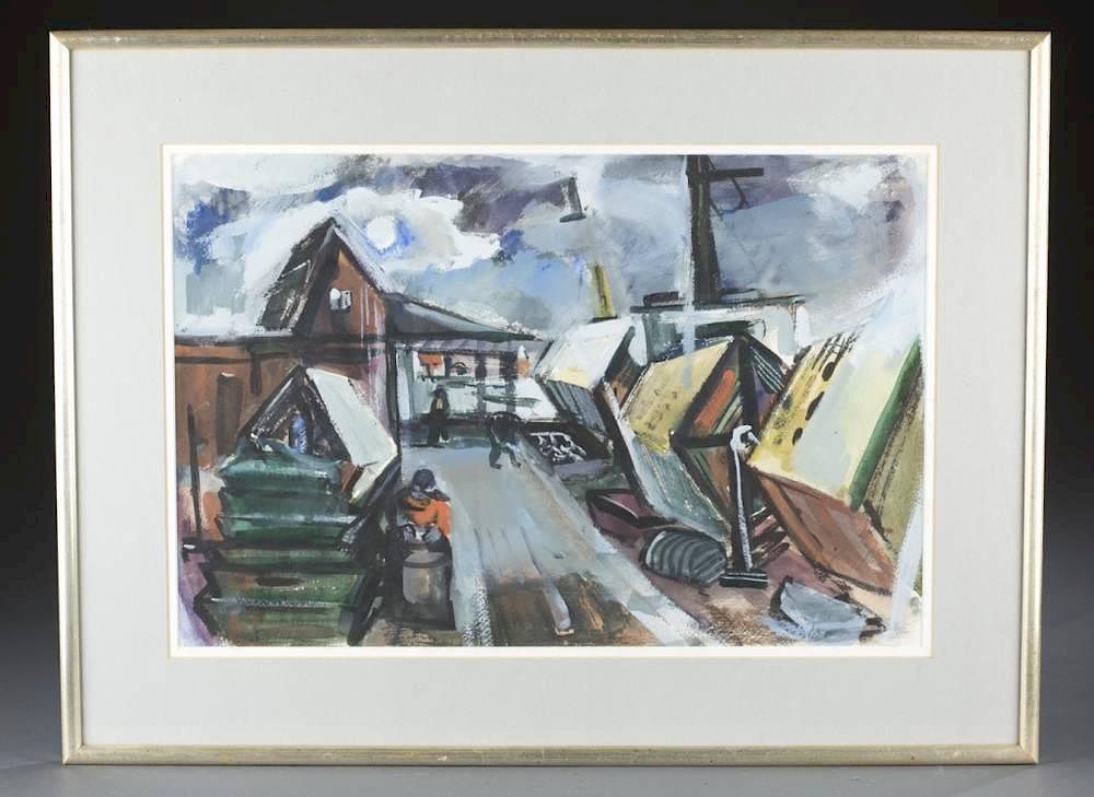 Appraisal: John Opper gouache of fishing wharf Opper John United States