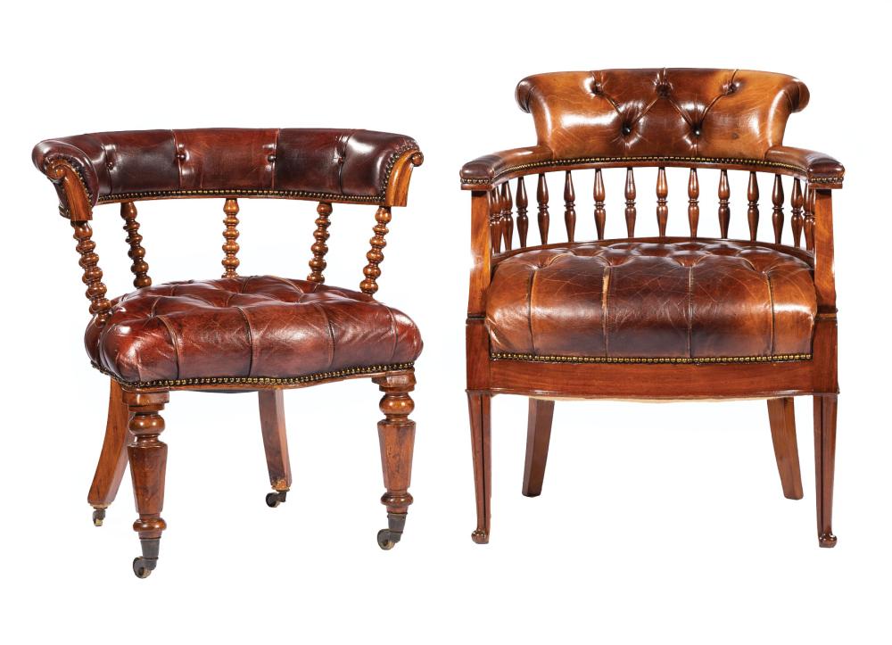 Appraisal: Two Antique English Leather and Carved Mahogany Armchairs mid- th