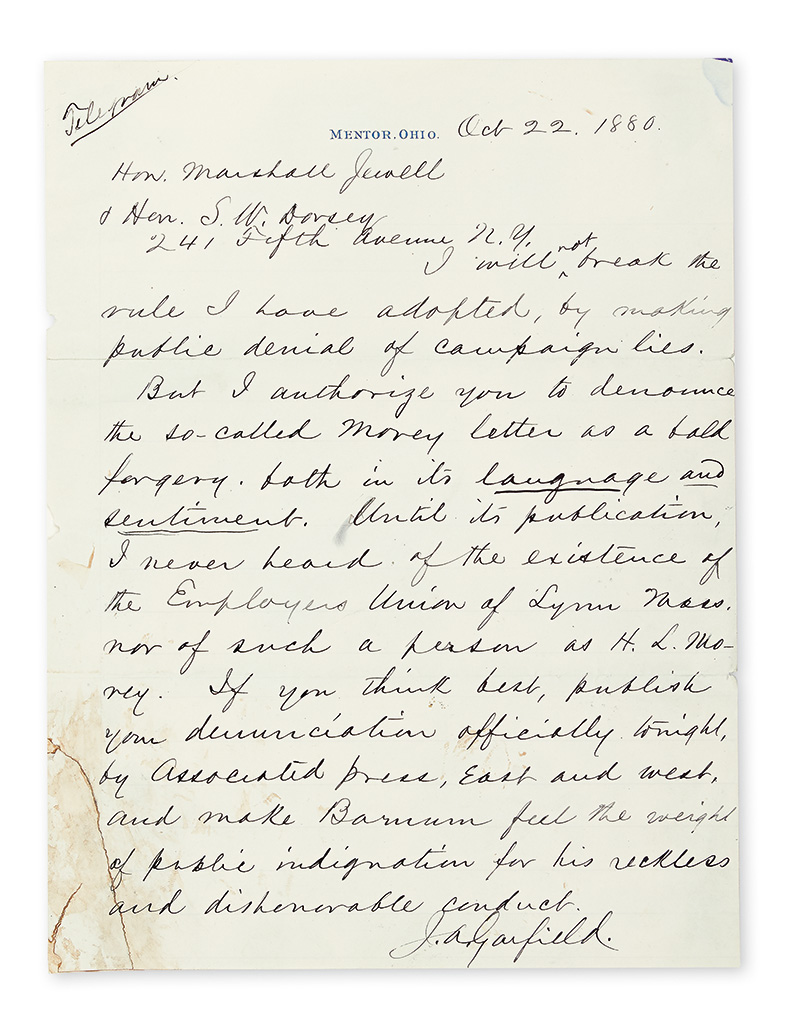 Appraisal: ON FORGER'S LETTER AFFECTING PRESIDENTIAL ELECTION GARFIELD JAMES A Two