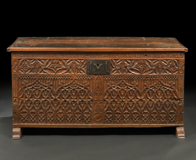 Appraisal: Spanish Carved Walnut Coffer th century and later the rectangular