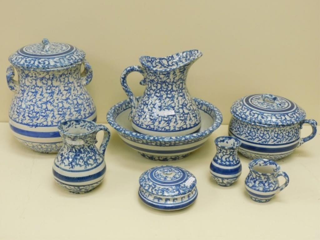 Appraisal: -PIECE BLUE SPONGEWARE CHAMBER SET LATE THcentury To include handled