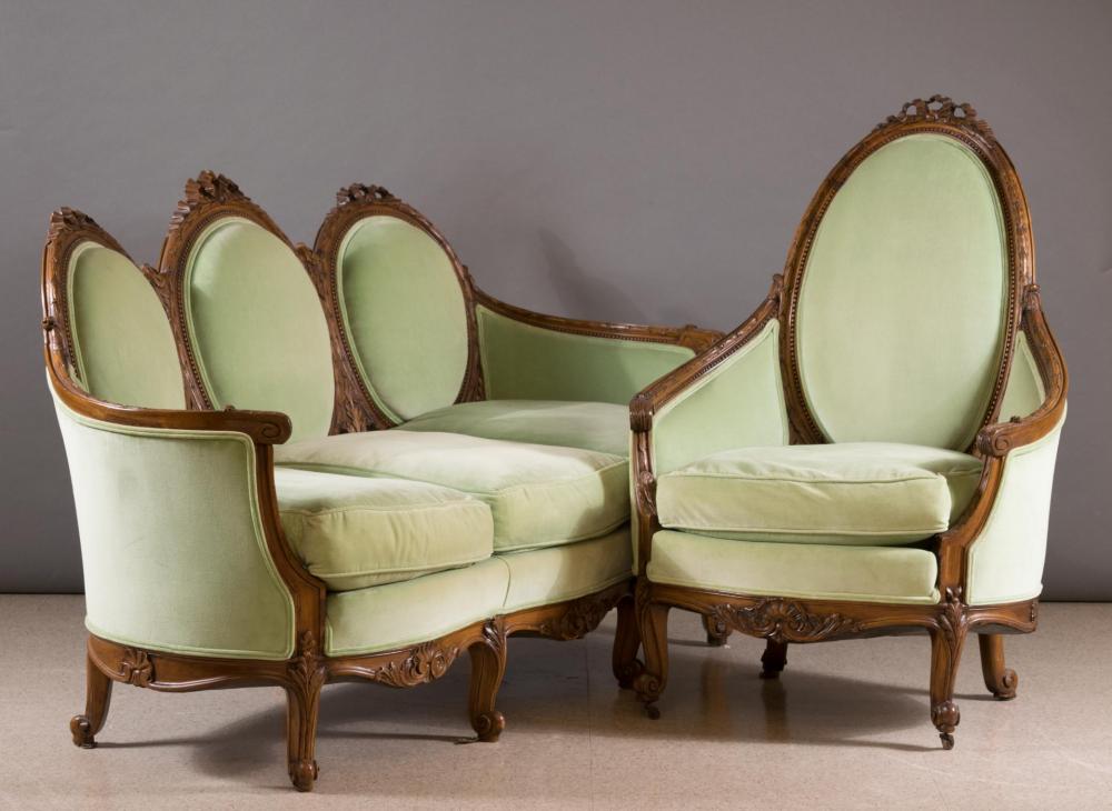 Appraisal: LOUIS XV-STYLE MEDALLION-BACK SOFA ARMCHAIR SET early th century settee