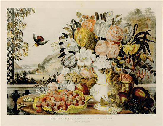 Appraisal: Currier Ives LANDSCAPE FRUIT AND FLOWERS circa hand-colored lithograph framed