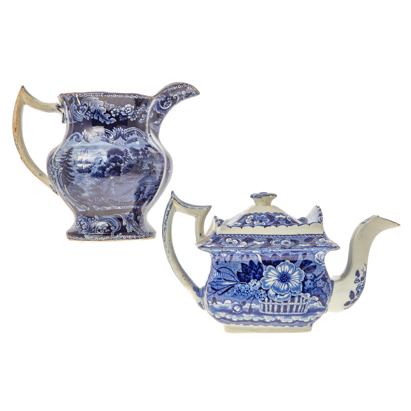 Appraisal: TWO STAFFORDSHIRE BLUE TRANSFER ARTICLES Mount Vernon jug with view