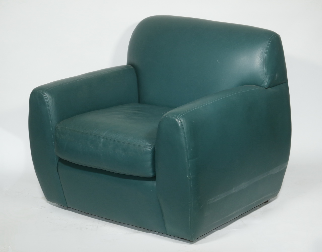 Appraisal: MODERN GREEN LEATHER EASY CHAIR Leather upholstered low back straight