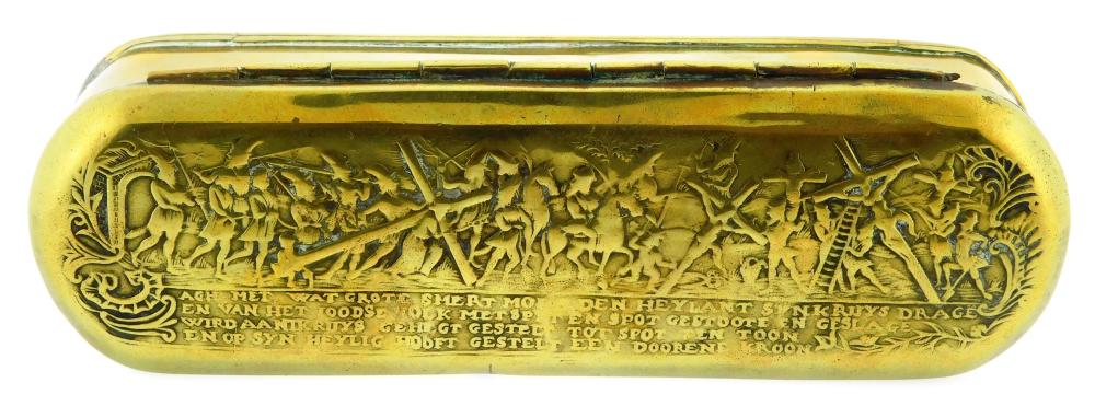 Appraisal: th C Dutch brass tobacco box hinged lid with engraving