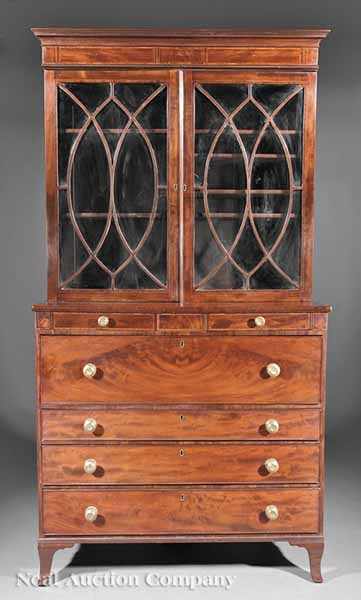 Appraisal: A George III Inlaid Mahogany Bureau-Bookcase c molded cornice and