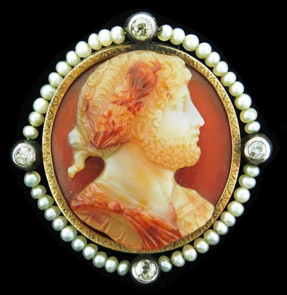 Appraisal: JEWELRY Antique Carnelian Pearl and Diamond Brooch mounting tested K