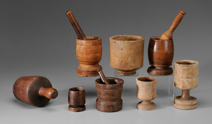 Appraisal: Assorted Mortars and Pestles Colander mortars of mixed hardwoods -