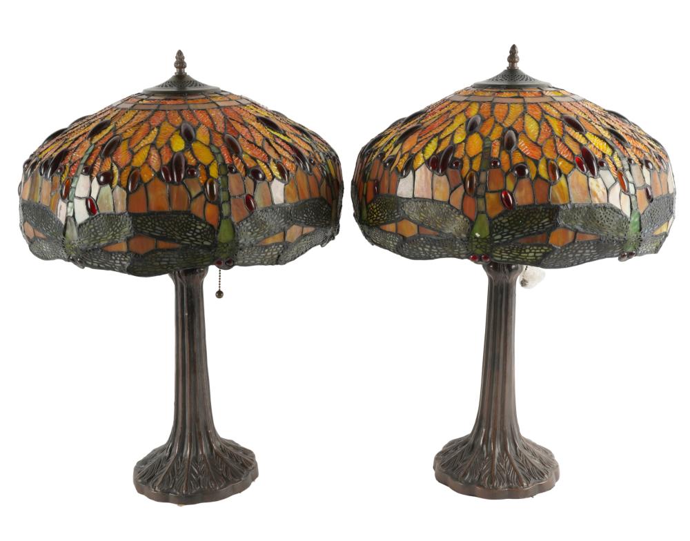 Appraisal: PAIR OF LEADED GLASS TABLE LAMPSmodern reproductions Provenance The Estate