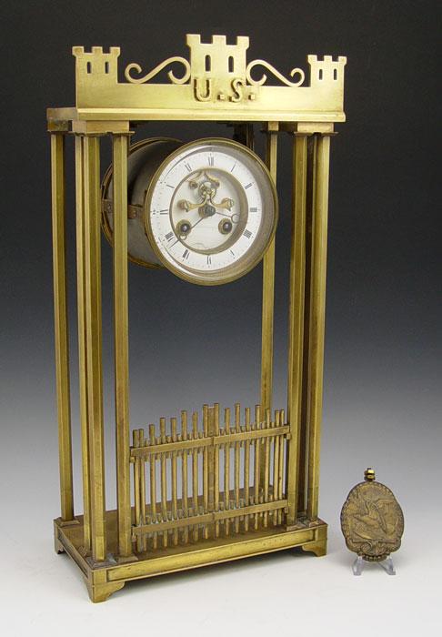 Appraisal: FRENCH US MILITARY MOTIF BRASS CASE CLOCK Unique brass case