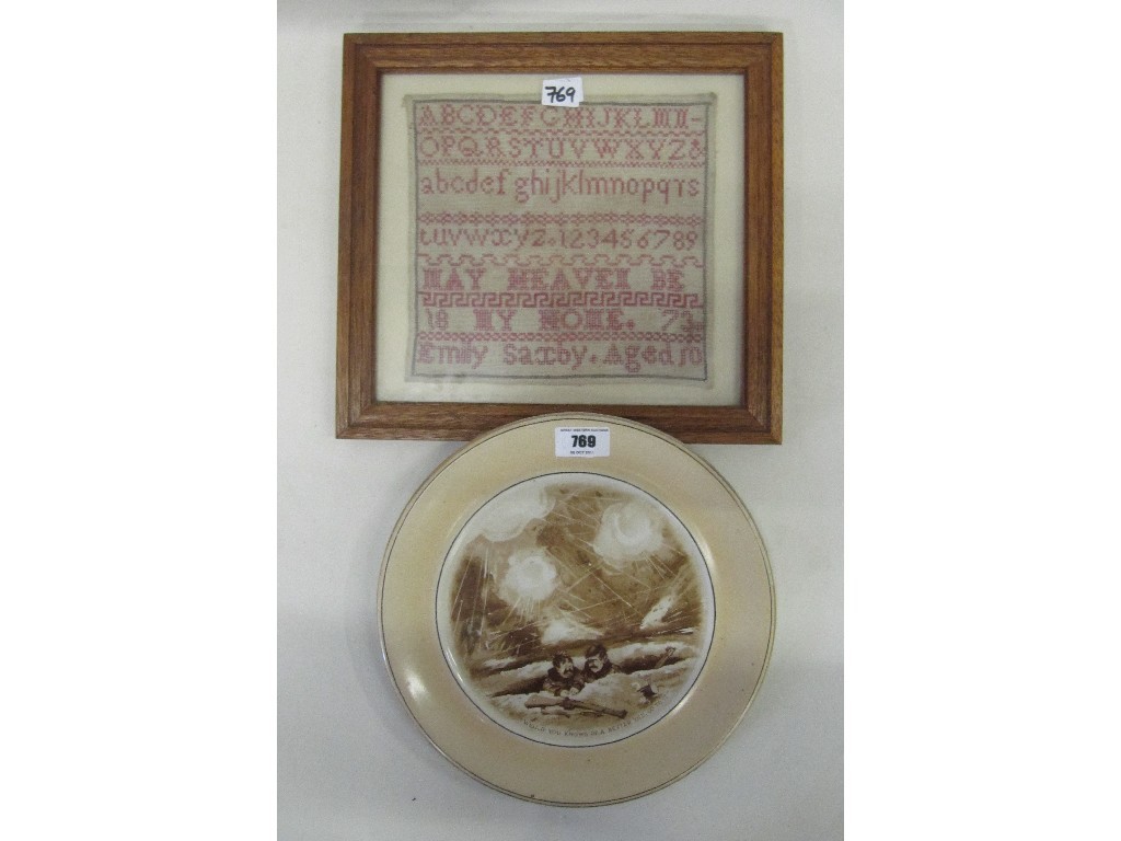 Appraisal: Grimwades Bruce Bainsfather plate and a small framed Victorian sampler