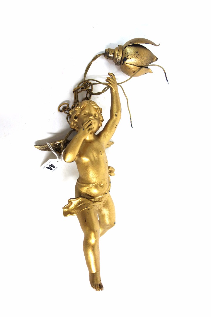 Appraisal: A gilt painted metal cherub pendant light fitting early th