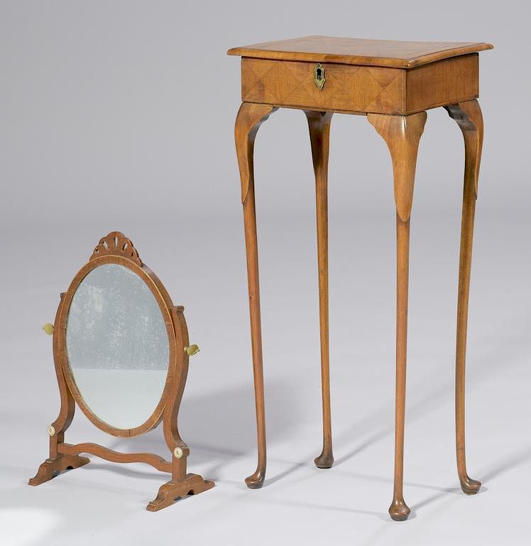 Appraisal: Petite Parquetry Table plus Shaving Mirror Diminutive Continental parquetry table