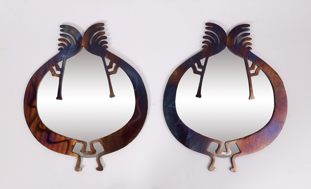 Appraisal: PAIR SOUTHWEST KOKOPELLI MOTIF METAL MIRRORS Acid and heat treated