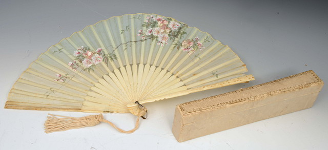 Appraisal: A HAND PAINTED FAN the gauze decorated with pink blossom