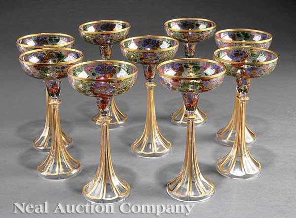 Appraisal: A Set of Nine Continental Enameled Crystal Champagne Coupes fluted