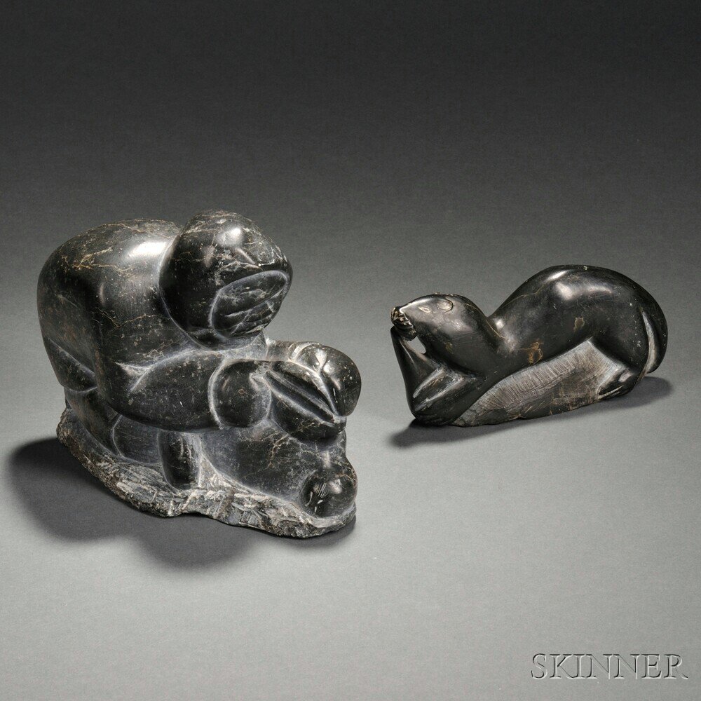 Appraisal: Two Inuit Soapstone Carvings a hunter with his catch and