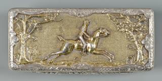 Appraisal: Parcel Gilt Snuff Box Fox Hunt Scene Parcel-gilt snuff box