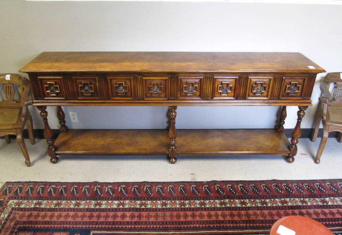 Appraisal: A LONG BURL WALNUT CONSOLE TABLE attributed to Theodore Alexander