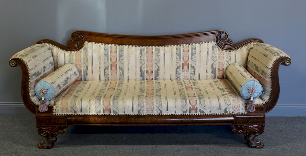 Appraisal: Carved and Scroll Arm Empire Mahogany Sofa Nice size carving