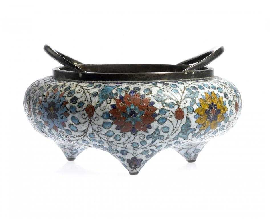 Appraisal: A CHINESE CLOISONN ENAMEL TRIPOD CENSER the generous compressed circular