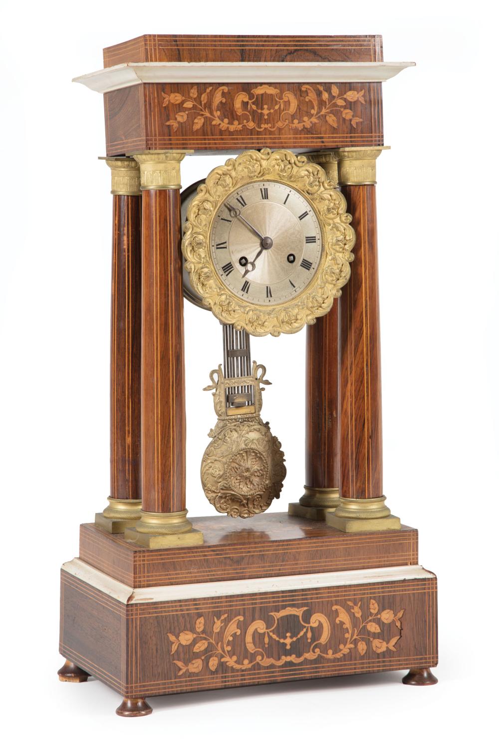 Appraisal: French Bronze-Mounted Rosewood and Marquetry Portico Clock th c foliate