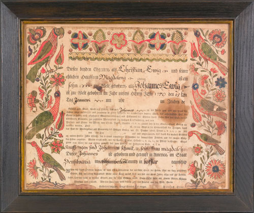 Appraisal: Heinrich Otto Southeastern Pennsylvania printed and hand colored fraktur dated