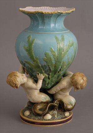 Appraisal: MINTON TURQUOISE-GLAZED MAJOLICA VASE Impressed Minton and with oval and