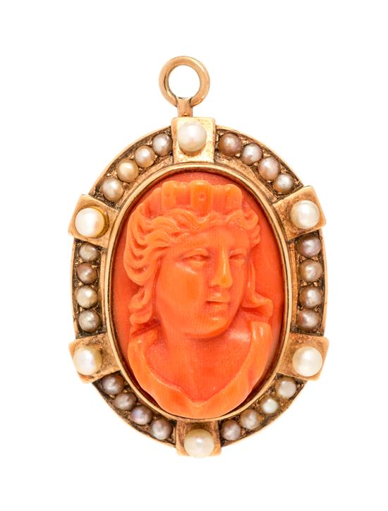 Appraisal: Sale Lot An Antique Yellow Gold Coral Cameo and Seed