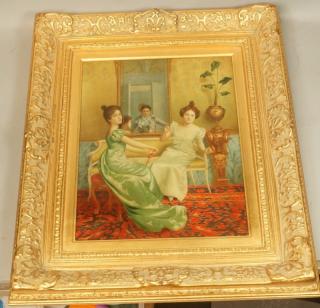 Appraisal: Signed Oil Painting Young Women in Parlor Elegan Signed Oil