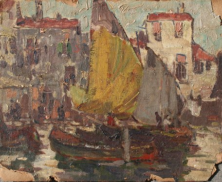 Appraisal: IMPRESSIVE BUT PETIT IMPRESSIONIST DOCKSIDE SCENE CIRCA Oil Board ''