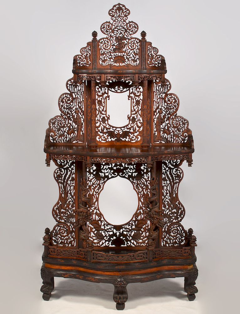 Appraisal: Chinese Hand Carved Shelf Etagere Chinese hand carved bow front