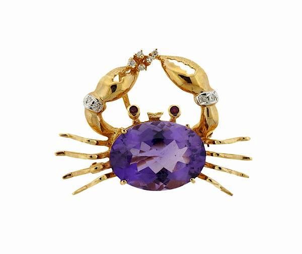 Appraisal: K Gold Amethyst Ruby Diamond Crab Brooch Pendant METAL K